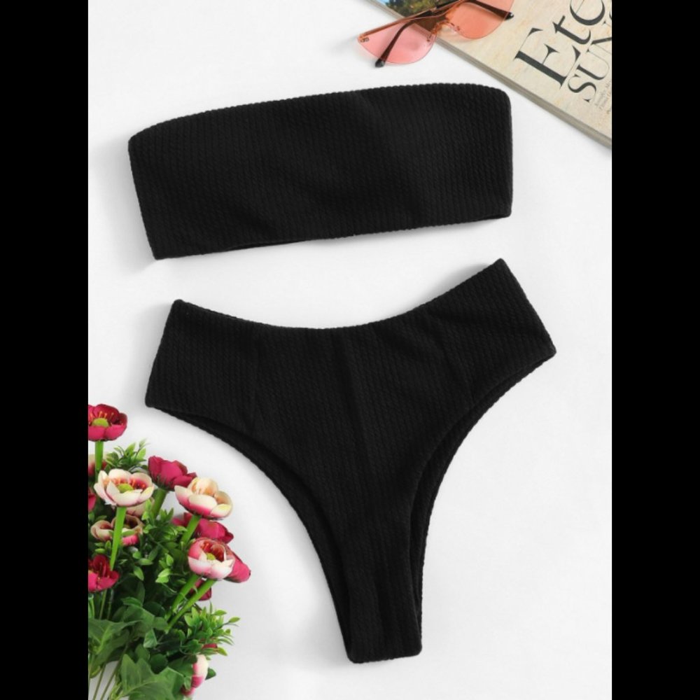 SHEIN Ribbed Bandeau High Waisted Bikini Swimsuit